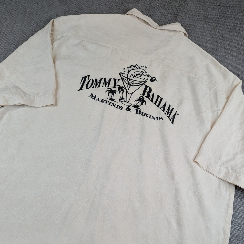 Tommy Bahama Shirt Mens XL Cream Martinis & Bikinis Silk Embroidered Camp Beach